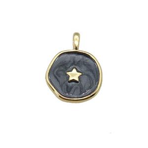 copper coin pendant with black enamel, star, gold plated, approx 14mm