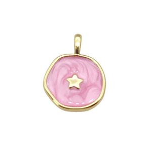 copper coin pendant with pink enamel, star, gold plated, approx 14mm