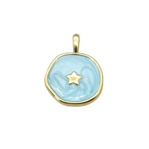 copper coin pendant with teal enamel, star, gold plated, approx 14mm