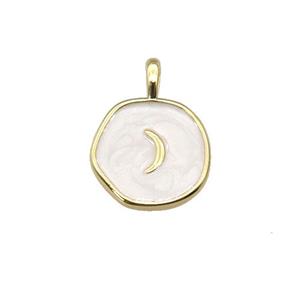copper coin pendant with white enamel, moon, gold plated, approx 14mm