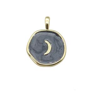 copper coin pendant with black enamel, moon, gold plated, approx 14mm