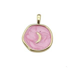 copper coin pendant with pink enamel, moon, gold plated, approx 14mm