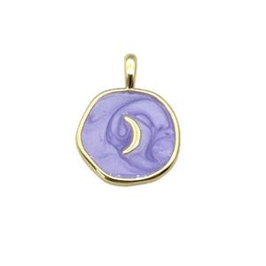 copper coin pendant with lavender enamel, moon, gold plated, approx 14mm