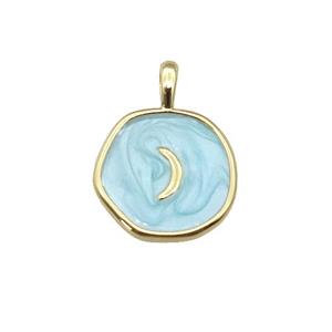 copper coin pendant with teal enamel, moon, gold plated, approx 14mm