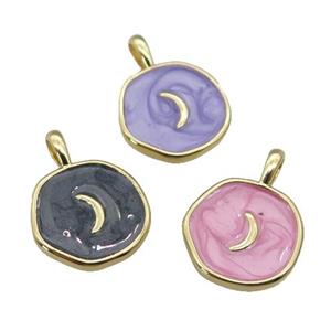 copper coin circle pendant with enamel, moon, gold plated, mixed, approx 14mm