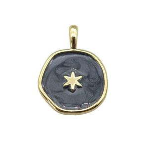 copper coin pendant with black enamel, star, gold plated, approx 14mm