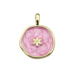 copper coin pendant with pink enamel, star, gold plated, approx 14mm