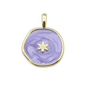 copper coin pendant with lavender enamel, star, gold plated, approx 14mm