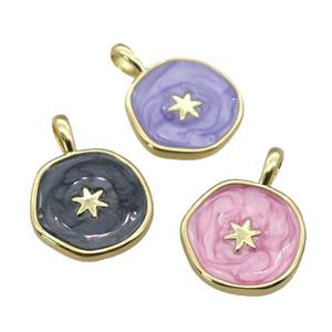 copper circle coin pendant with enamel, star, gold plated, mixed, approx 14mm