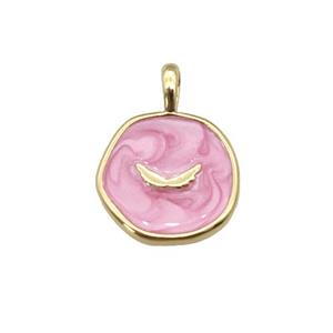 copper coin pendant with pink enamel, wing, gold plated, approx 14mm