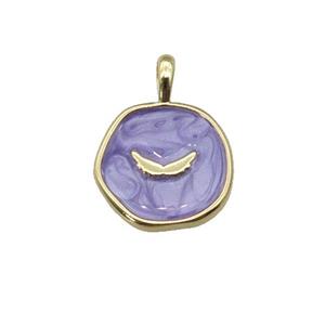 copper coin pendant with lavender enamel, wing, gold plated, approx 14mm