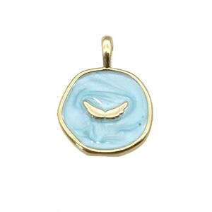 copper coin pendant with teal enamel, wing, gold plated, approx 14mm