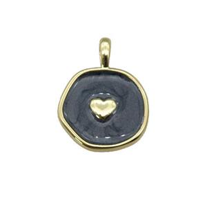 copper coin pendant with black enamel, heart, gold plated, approx 14mm