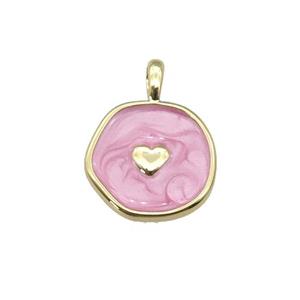 copper coin pendant with pink enamel, heart, gold plated, approx 14mm
