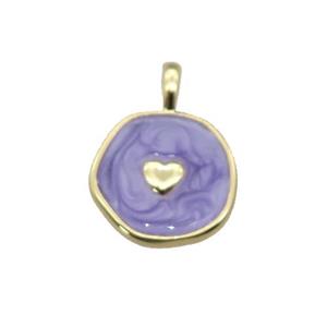 copper coin pendant with lavender enamel, heart, gold plated, approx 14mm