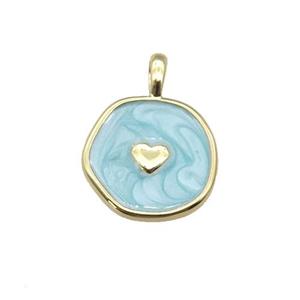 copper coin pendant with teal enamel, heart, gold plated, approx 14mm