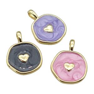 copper coin circle pendant with enamel, heart, gold plated, mixed, approx 14mm