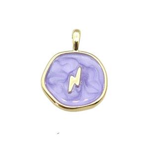 copper coin pendant with lavender enamel, lightning, gold plated, approx 14mm