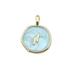 copper coin pendant with teal enamel, lightning, gold plated, approx 14mm