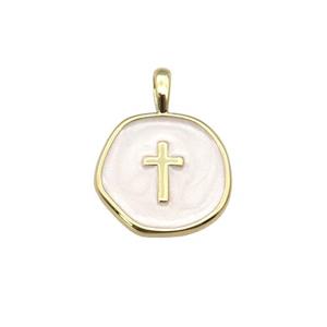copper coin pendant with white enamel, cross, gold plated, approx 14mm