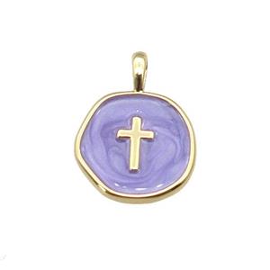 copper coin pendant with lavender enamel, cross, gold plated, approx 14mm