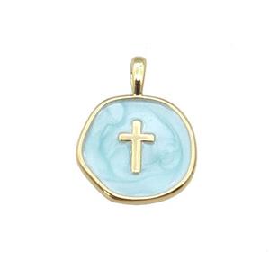 copper coin pendant with teal enamel, cross, gold plated, approx 14mm