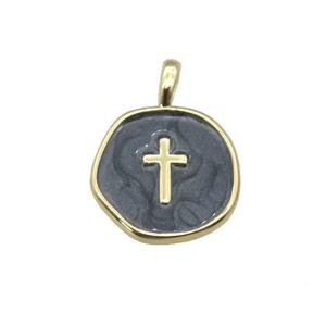 copper coin pendant with black enamel, cross, gold plated, approx 14mm