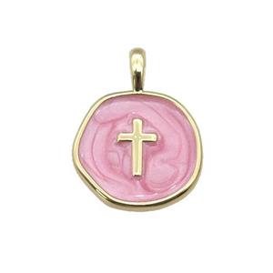 copper coin pendant with pink enamel, cross, gold plated, approx 14mm