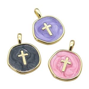 copper coin pendant with enamel, cross, gold plated, mixed, approx 14mm