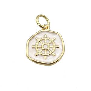 copper coin pendant with white enamel, ships wheel, gold plated, approx 14mm
