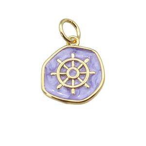 copper coin pendant with lavender enamel, ships wheel, gold plated, approx 14mm