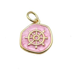 copper coin pendant with pink enamel, ships wheel, gold plated, approx 14mm