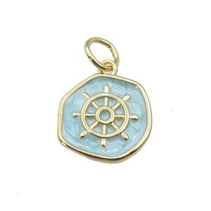 copper coin pendant with teal enamel, ships wheel, gold plated, approx 14mm