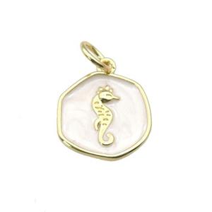 copper coin pendant with white enamel, seahorse, gold plated, approx 14mm