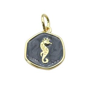 copper coin pendant with black enamel, seahorse, gold plated, approx 14mm