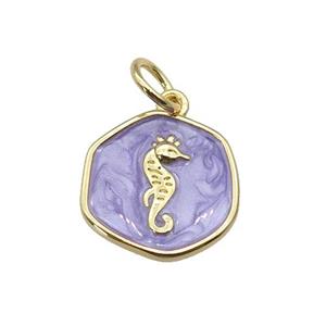 copper coin pendant with lavender enamel, seahorse, gold plated, approx 14mm