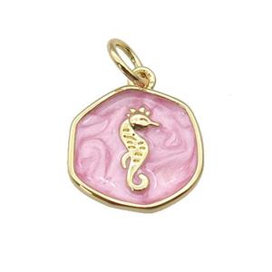 copper coin pendant with pink enamel, seahorse, gold plated, approx 14mm