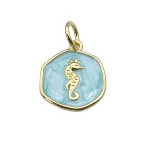 copper coin pendant with teal enamel, seahorse, gold plated, approx 14mm