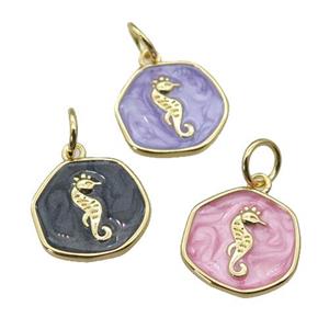 copper coin circle pendant with enamel, seahorse, gold plated, mixed, approx 14mm