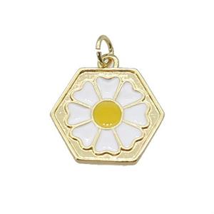 copper Daisy flower pendant with white enamel, gold plated, approx 17mm