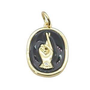 copper oval pendant with black enamel, hand, gold plated, approx 15-19mm