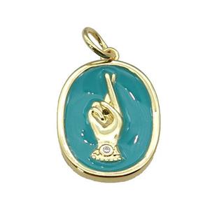 copper oval pendant with teal enamel, hand, gold plated, approx 15-19mm