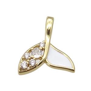 copper Shark-tail pendant paved zircon with white enamel, gold plated, approx 16-18mm