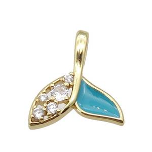 copper Shark-tail pendant paved zircon with teal enamel, gold plated, approx 16-18mm
