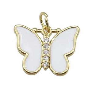 copper Butterfly pendant paved zircon with white enamel, gold plated, approx 16-20mm