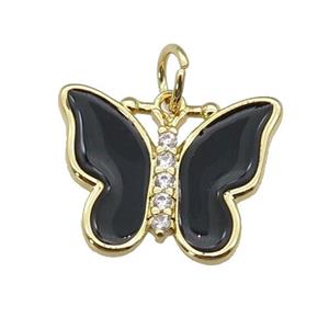 copper Butterfly pendant paved zircon with black enamel, gold plated, approx 16-20mm