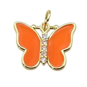 copper Butterfly pendant paved zircon with orange enamel, gold plated, approx 16-20mm