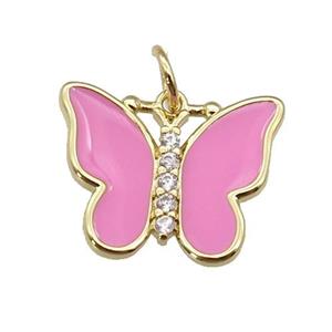 copper Butterfly pendant paved zircon with pink enamel, gold plated, approx 16-20mm