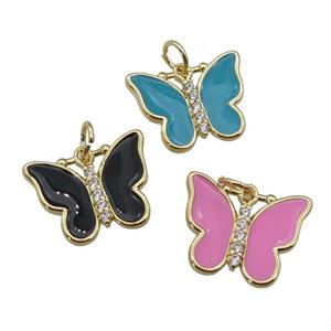 copper Butterfly pendant paved zircon with enamel, gold plated, mixed, approx 16-20mm