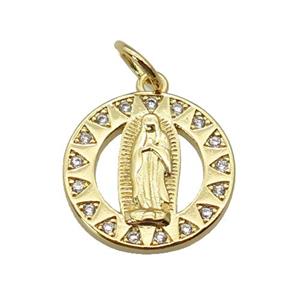 copper Virgin Mary pendant paved zircon, gold plated, approx 16mm dia